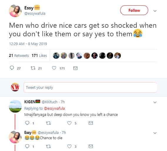 Essy essywafula follow men who drive nice cars get so shocked when you don't lik