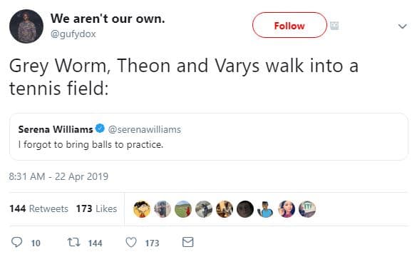 We aren't our own. gufydox follow grey worm theon and varys walk into a tennis f
