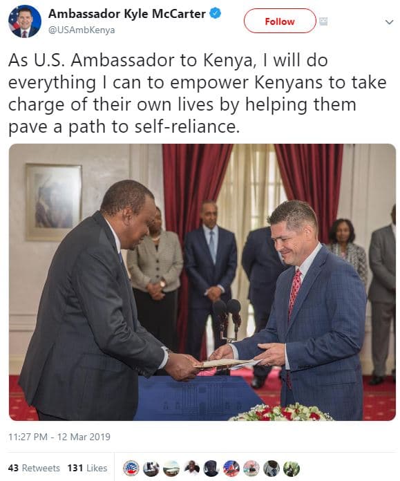 Ambassador kyle mccarter usambkenya follow as u.s. ambassador to kenya will do e