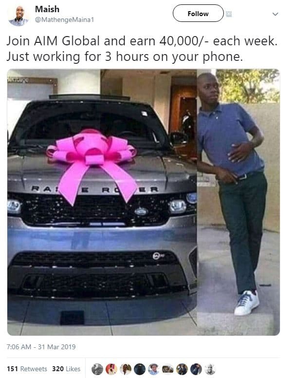 Maish mathengemaina1 follow join aim global and earn 40,000 each week. just work