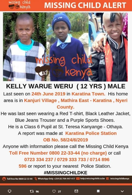 Missing child 'kenya missing child alert inksing chill kenyé kelly warue weru 12