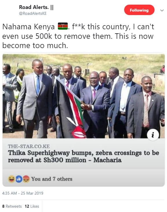 Road alerts. roadalertske following nahama kenya fk this country, can't even use