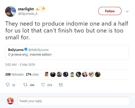 Starlight tejumade follow they need to produce indomie one and a half for us lot