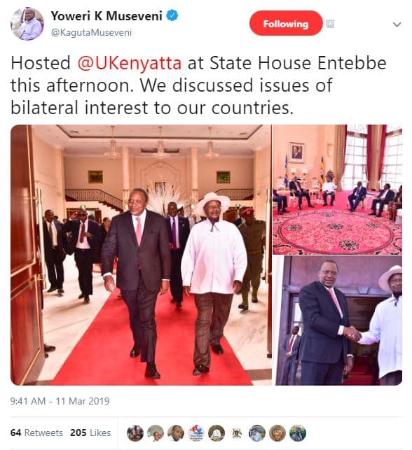 Yoweri k museveni kagutamuseveni following hosted ukenyatta at state house enteb