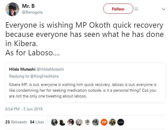 Mr. b benogola follow everyone is wishing mp okoth quick recovery because everyo