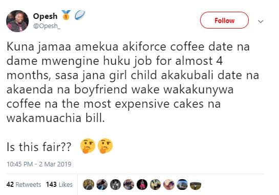 Opesh opesn_ follow kuna jamaa amekua akiforce coffee date na dame mwengine huku