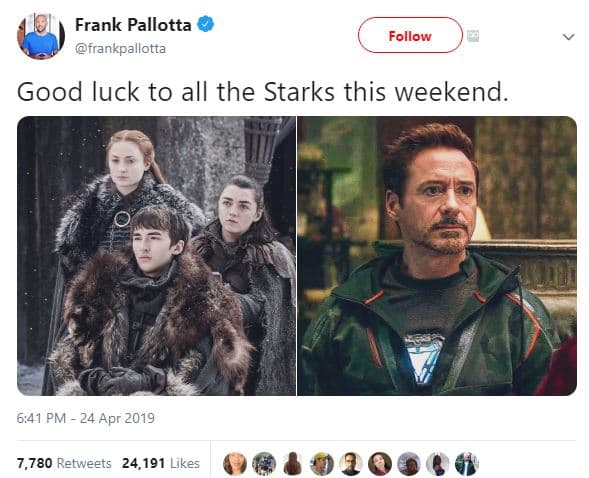 Frank pallotta frankpallotta follow good luck to all the starks this weekend. 6,