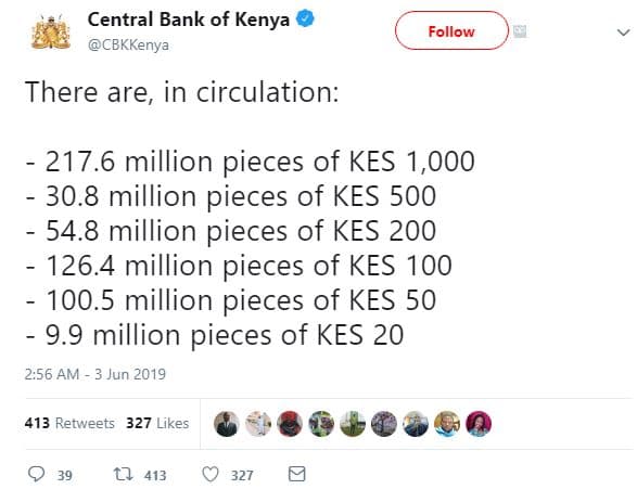 Central bank of kenya cbkkenya follow there are, in circulation 217.6 million pi