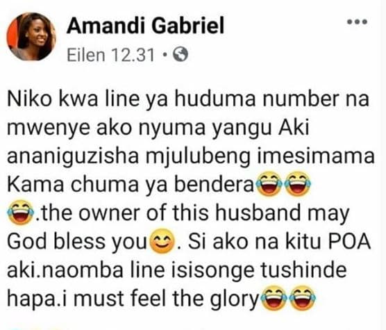 Amandi gabriel eilen 12.31 niko kwa line ya huduma number na mwenye ako nyuma ya