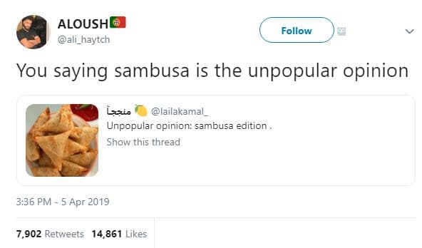 Aloushi ali_haytch follow you saying sambusa is the unpopular opinion lzais lail