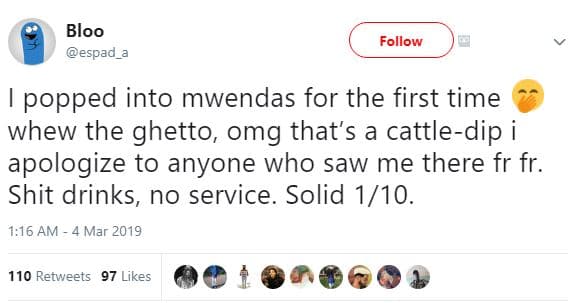 Bloo espad_a follow popped into mwendas for the first time whew the ghetto omg t