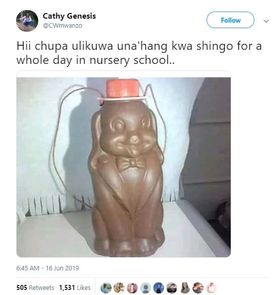 Cathy genesis cwmwanzo follow hii chupa ulikuwa una'hang kwa shingo for a whole