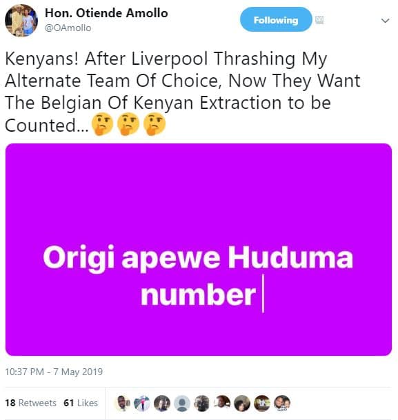 Hon. otiende amollo oamollo following kenyans! after liverpool thrashing my alte