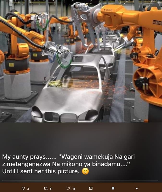 My aunty prays. wageni wamekuja na gari zimetengenezwa na mikono ya binadamu. un