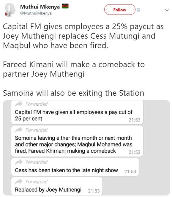 Muthui mkenya muthuimkenya follow capital fm gives employees a 25 paycut as joey