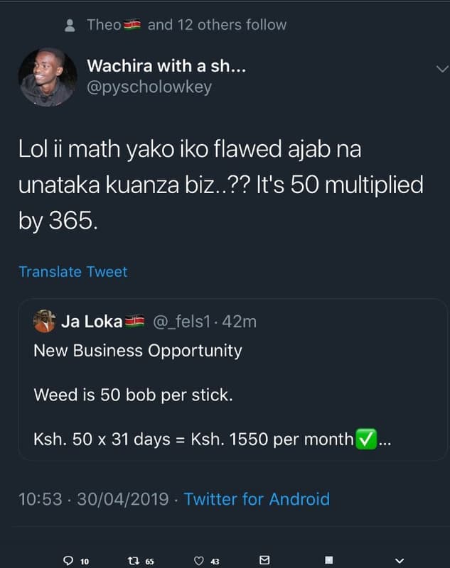 Theo and 12 others follow wachira with a sh.. pyscholowkey lol ii math yako iko