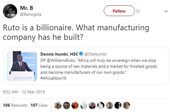 Mr b benogola follow ruto is a billionaire. what manufacturing company has he bu