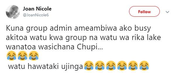 Joan nicole joannicole6 follow kuna group admin ameambiwa ako busy akitoa watu k