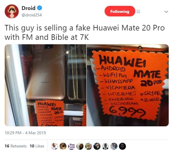 Droid droid254 following this guy is selling a fake huawei mate 20 pro with fm a