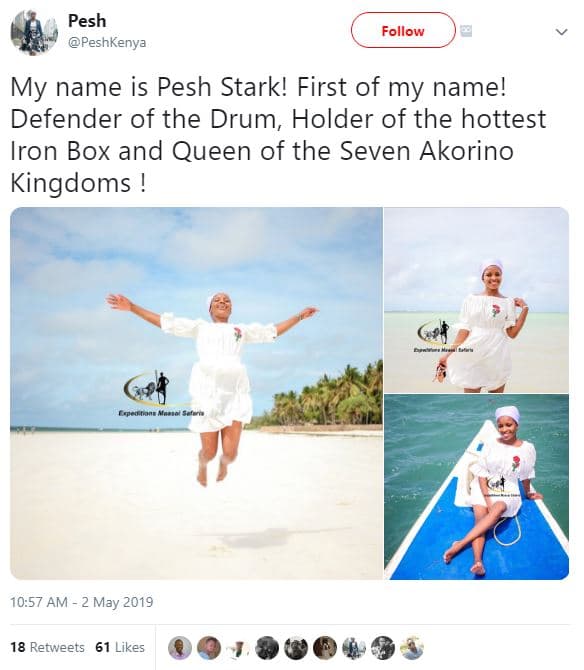 Pesh peshkenya follow my name is pesh stark! first of my name! defender of the d
