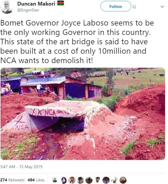 Duncan makori engnrdan follow bomet governor joyce laboso seems to be the only w