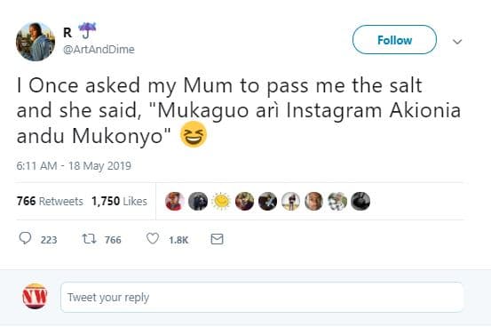 Follow artanddime once asked my mum to pass me the salt and she said, 'mukaguo a