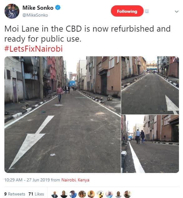 Mike sonko mikesonko following moi lane in the cbd is now refurbished and ready