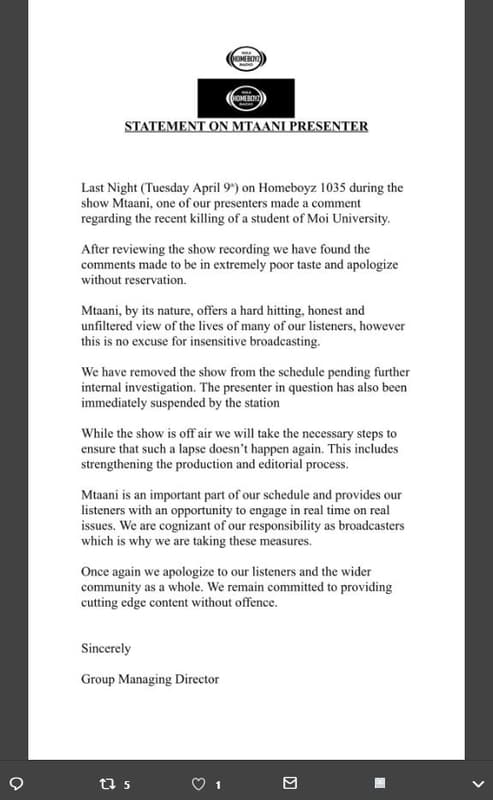 Statementon mtaanlpresfnter last night tuesday april 9 homeboyz during the show