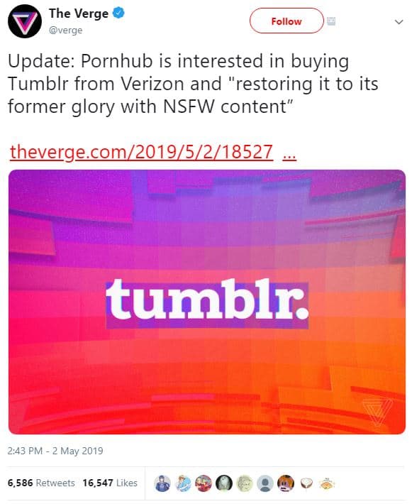 The verge verge follow update pornhub is interested in buying tumblr from verizo
