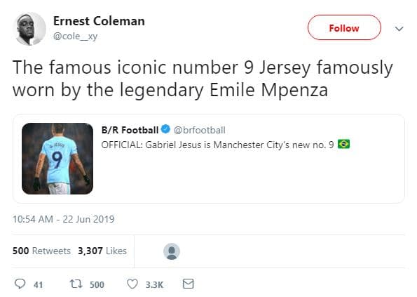 Ernest coleman cole follow the famous iconic number 9 jersey famously worn by th