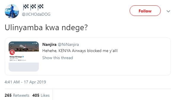 Rkk jichodadog follow ulinyamba kwa ndege? nanjira ninanjira hehehe kenya airway
