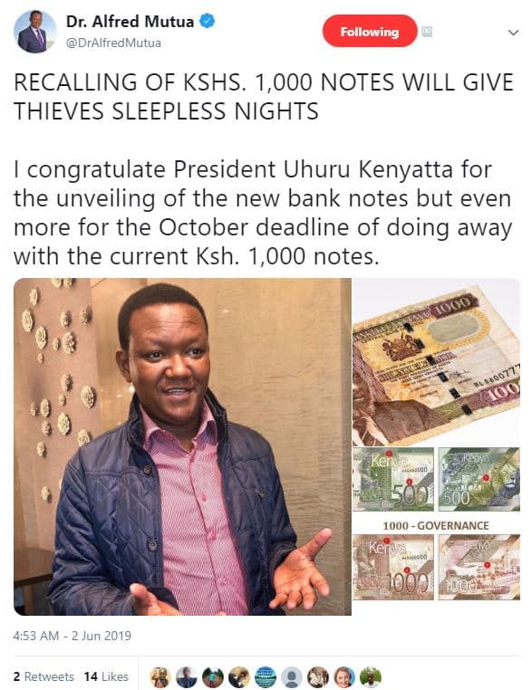 Dr. alfred mutua dralfredmutua following recalling of kshs. 1,000 notes will giv