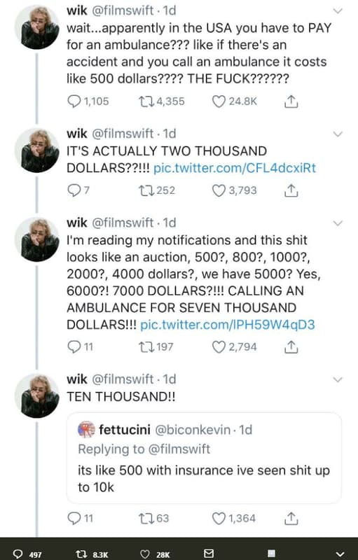 Wik filmswift 1d wait. apparently in the usa you have to pay for an ambulance???