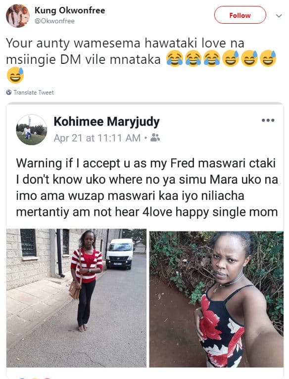 Kung okwonfree okwonfree follow your aunty wamesema hawataki love na msiingie dm