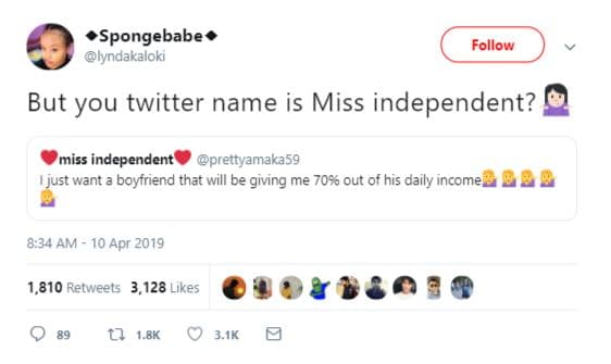 Spongebabe lyndakaloki follow but you twitter name is miss independent? miss ind