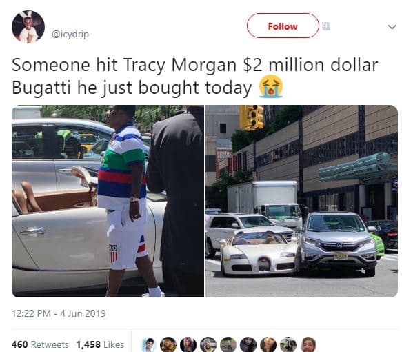 Follow icydrip someone hit tracy morgan 2 million dollar bugatti he just bought
