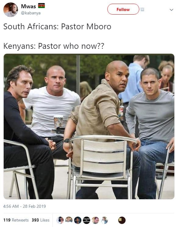 Mwas kabanya follow south africans pastor mboro kenyans pastor who now?? 4.56 am