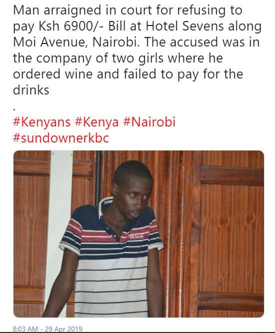 Man arraigned in court for refusing to pay ksh bill at hotel sevens along moi av