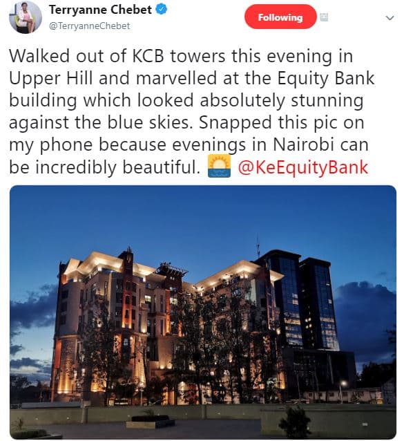 Terryanne chebet terryannechebet following walked out of kcb towers this evening