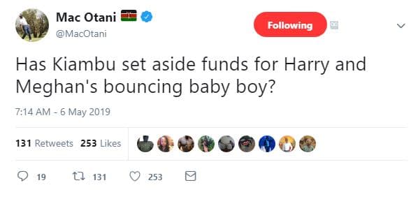 Mac otani macotani following has kiambu set aside funds for harry and meghan's b