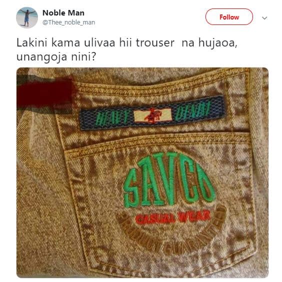 Noble man thee_noble_man follow lakini kama ulivaa hii trouser na hujaoa, unango