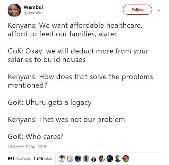 Wambui waamoui follow kenyans we want affordable healthcare afford to feed our f