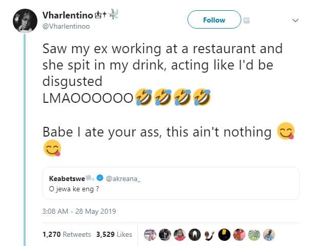 Vharlentino 3t vharlentinoo follow saw my ex working at a restaurant and she spi