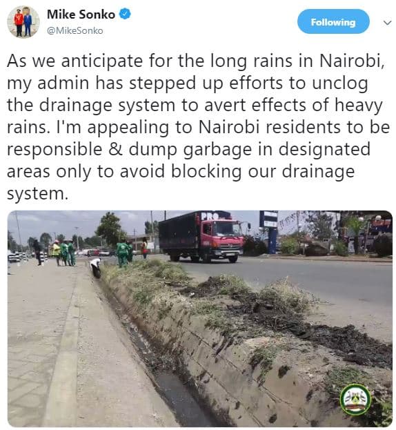 Mike sonko mikesonko following as we anticipate for the long rains in nairobi, m