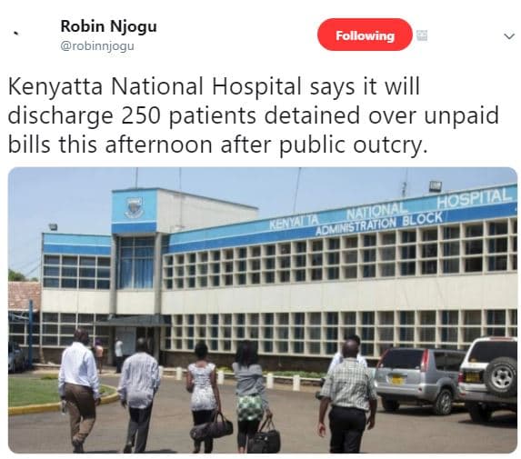 Robin njogu robinnjogu following kenyatta national hospital says it will dischar