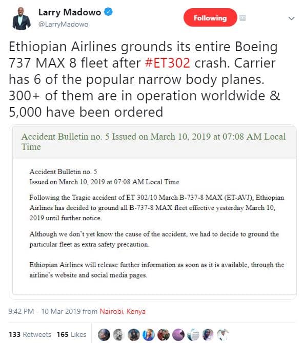 Larry madowo larrymadowo following ethiopian airlines grounds its entire boeing