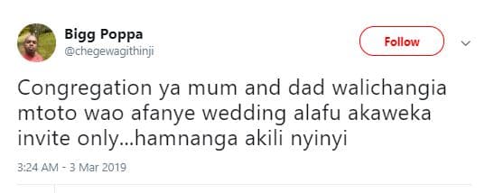 Bigg poppa chegewagithinji follow congregation ya mum and dad walichangia mtoto