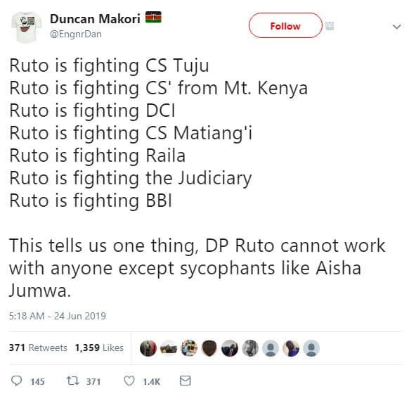 Duncan makori engnrdan follow ruto is fighting cs tuju ruto is fighting cs' from