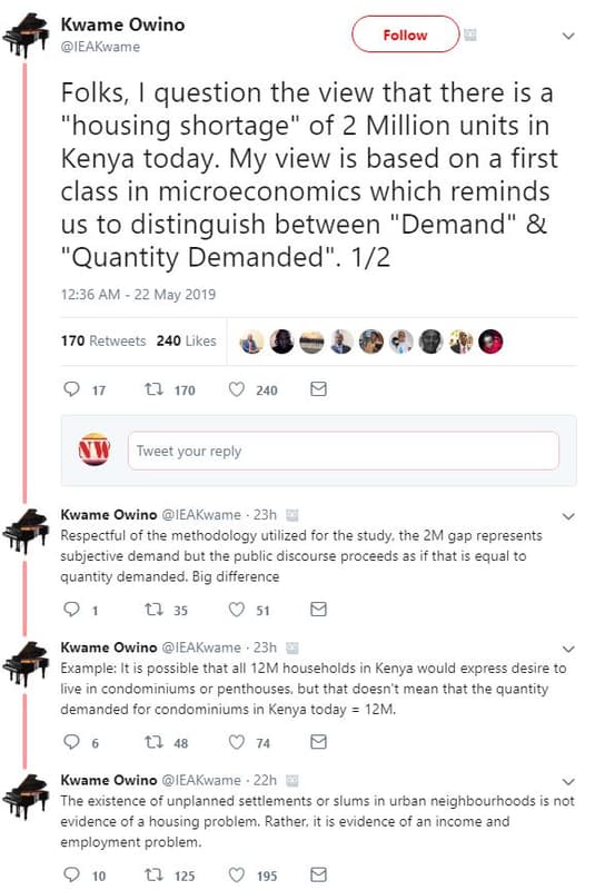 Kwame owino ieakwame follow folks, question the view that there is a housing sho