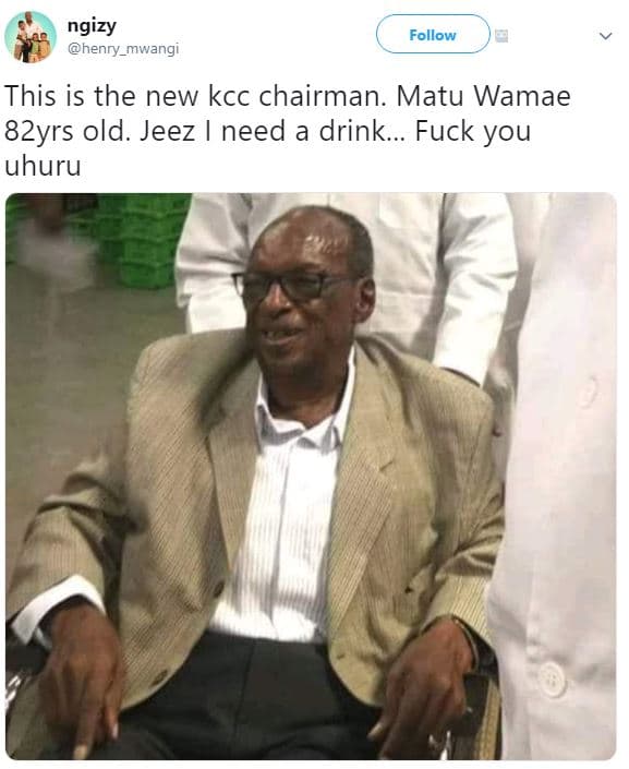 Ngizy henry_mwangi follow this is the new kcc chairman. matu wamae 82yrs old. je